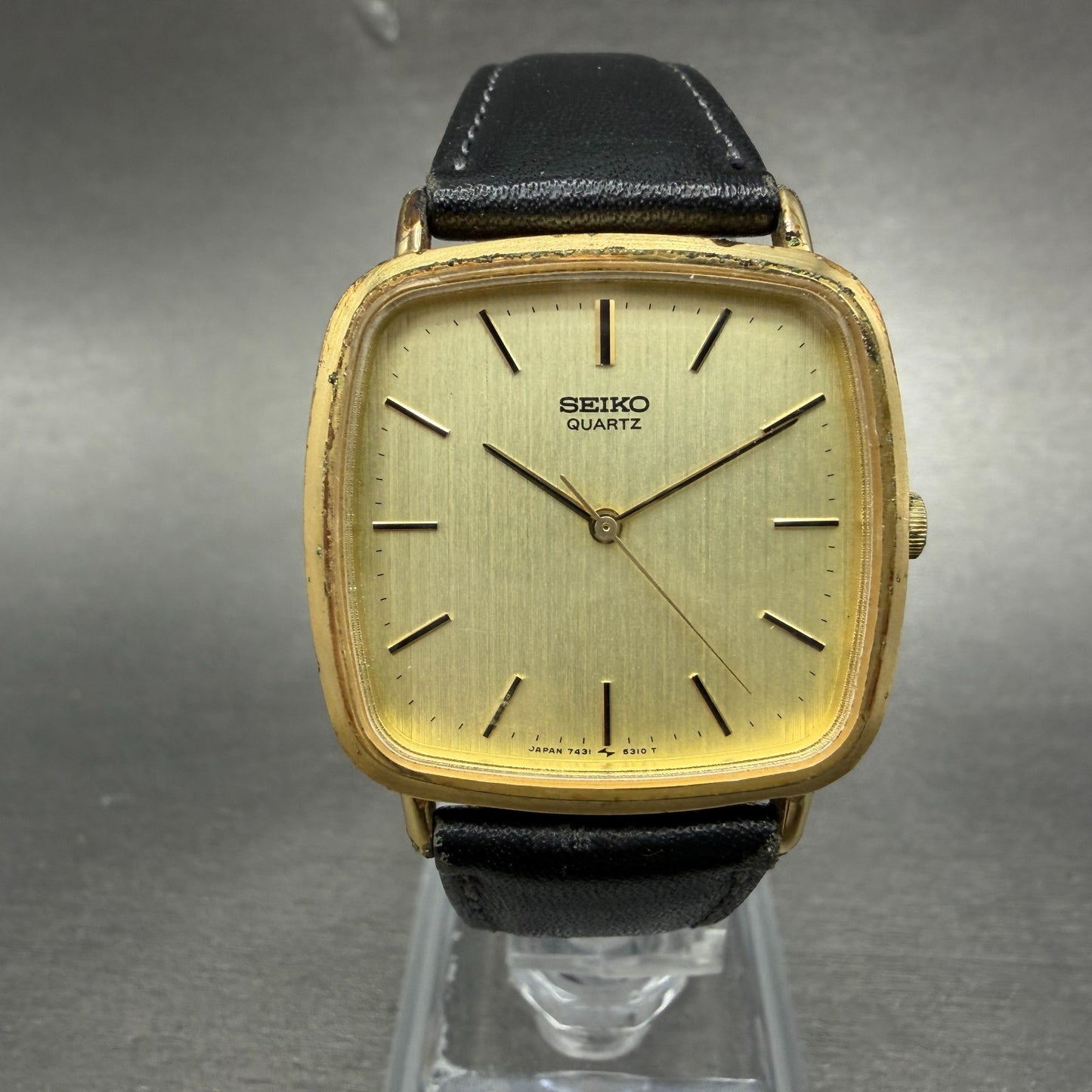 Seiko Watch Men 30mm Champagne Dial Gold Tone Rectangle 7431-5250 New Battery0