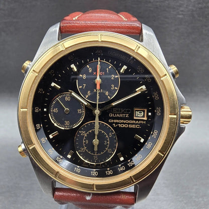 Seiko Chronograph Watch Men 40mm Black Dial Two Tone Date 7T52-7A09 New Battery1