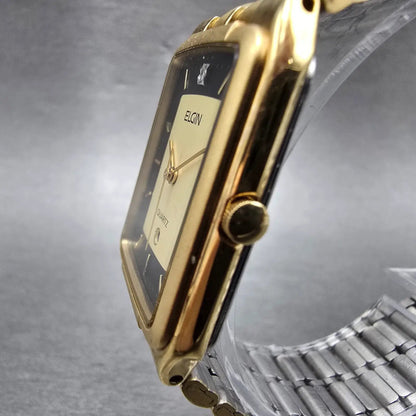 Elgin Tank Watch Men 26mm Black & Gold Dial Gold Tone Date Rectangle New Battery2