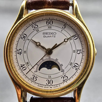 Seiko Moon Phase Watch Women 24mm White Dial Gold Tone Round 4K22-0049 New Batt1