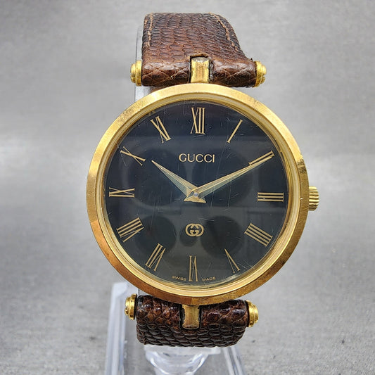 Gucci 2000M Watch Men 30mm Black Dial Gold Plated Leather Round New Battery0