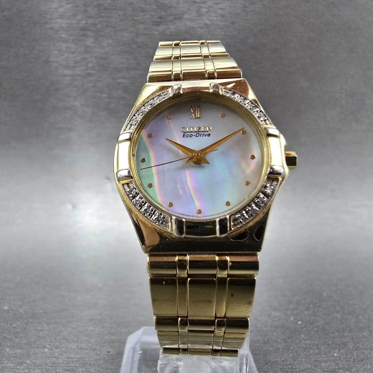 Citizen Eco-Drive Watch Women 25mm MOP Dial Gold Diamonds Round E030-H29751 Runs5