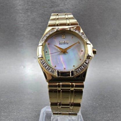 Citizen Eco-Drive Watch Women 25mm MOP Dial Gold Diamonds Round E030-H29751 Runs5