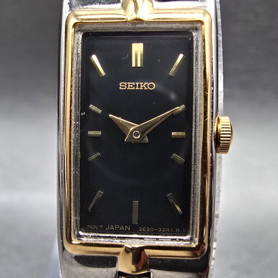 Seiko Watch Women 13mm Black Dial Two Tone Rectangle 2E20-7479 New Battery1