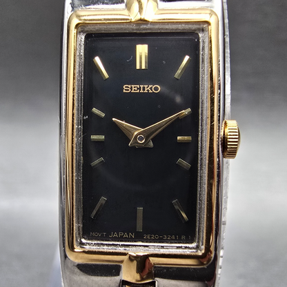 Seiko Watch Women 13mm Black Dial Two Tone Rectangle 2E20-7479 New Battery1