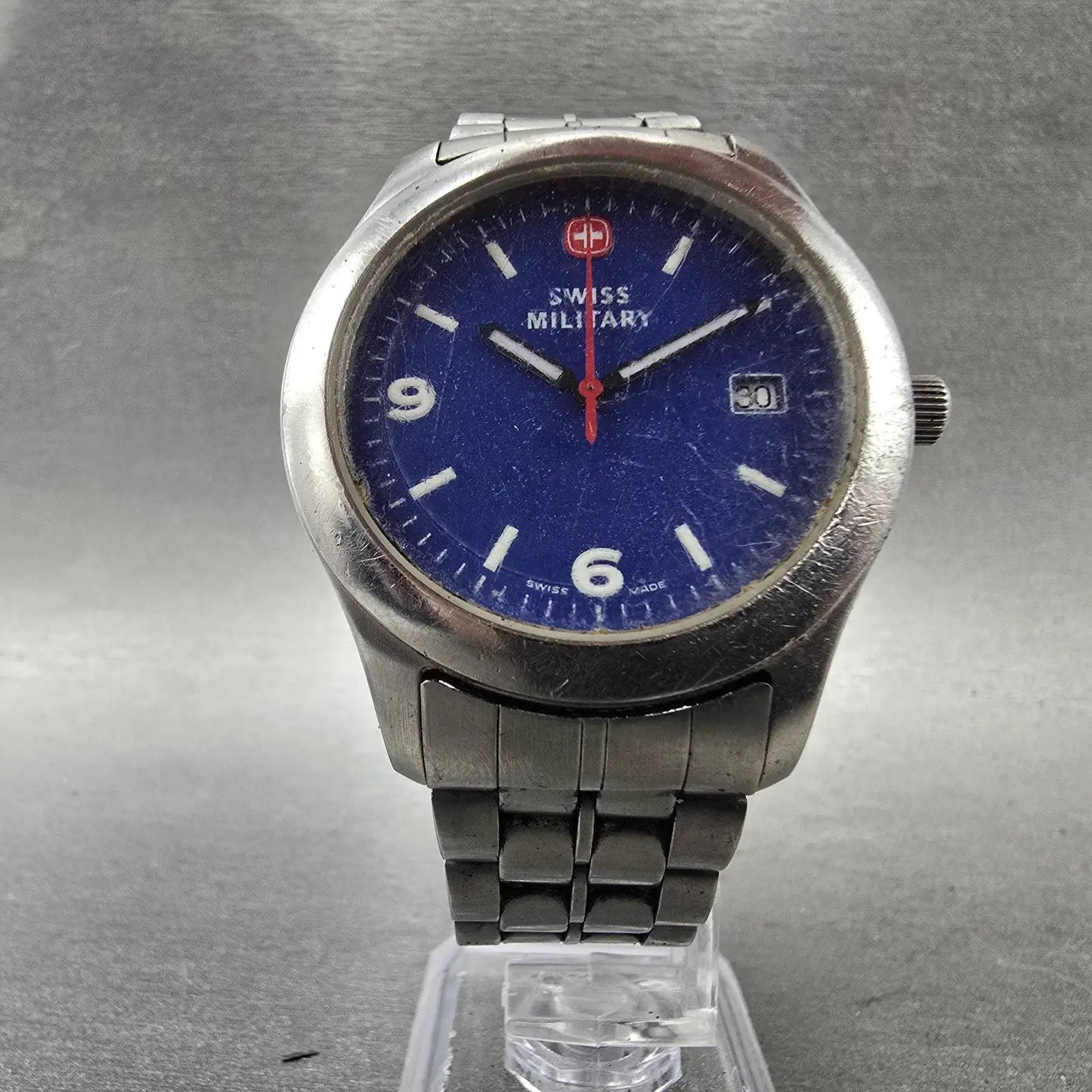 Wenger Swiss Military Watch Men 39mm Blue Dial Silver Tone Date 095.1535 New Bat5