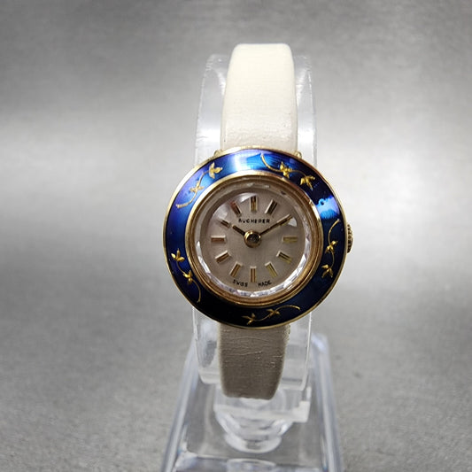 Bucherer Watch Women 19mm Silver Dial Gold Tone Manual Wind Runs Blue Bezel0