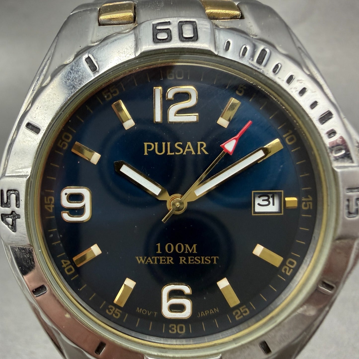 Pulsar Watch Men 42mm Blue Dial Two Tone Date Round VX42-X245 New Batetry1
