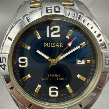 Pulsar Watch Men 42mm Blue Dial Two Tone Date Round VX42-X245 New Batetry1