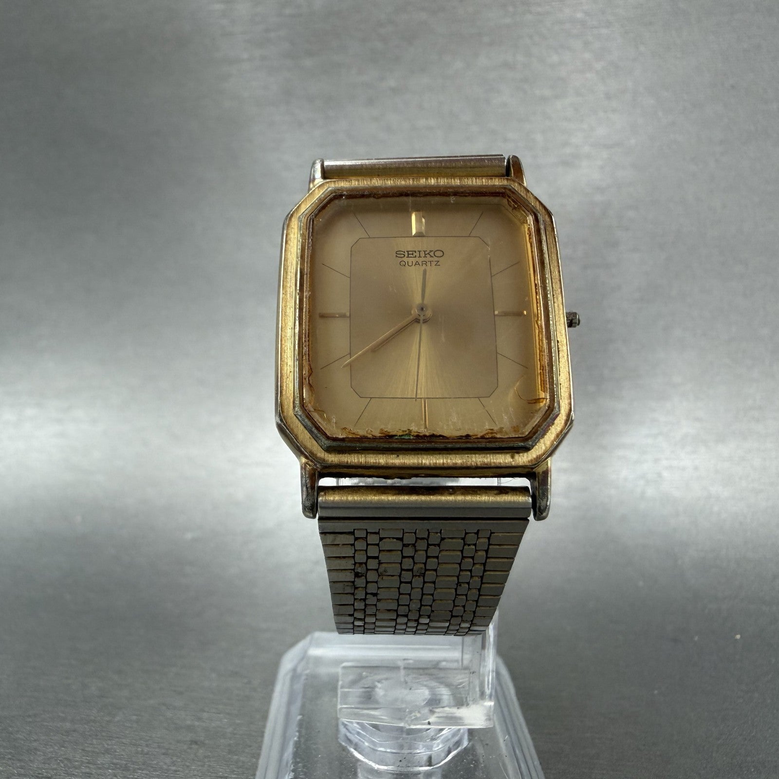 Seiko Tank Watch Men 26mm Champagne Dial Gold Tone 90215250 New Battery READ!!!5