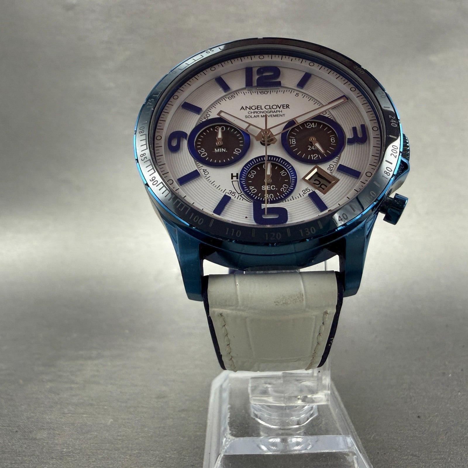 Angel Clover Chronograph Watch Men 44mm White Dial Blue Tone Date Solar Works5