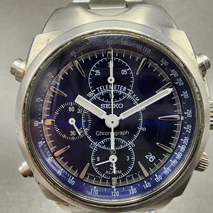 Seiko Chronograph Watch Men 38mm Blue Dial Silver Tone Date 7t32-9000 New Batt