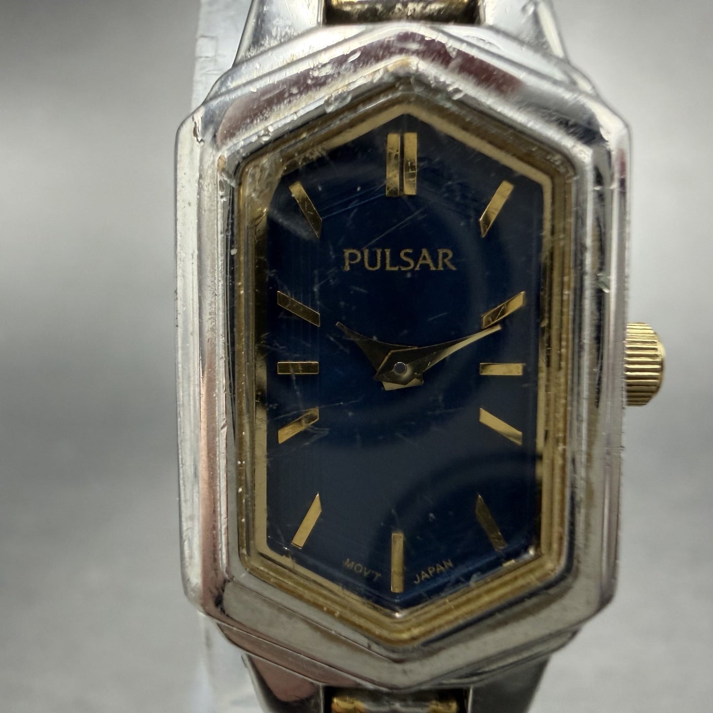 Pulsar Watch Women 15mm Blue Dial Two Tone Hexagon 1N00-X259 New Battery1