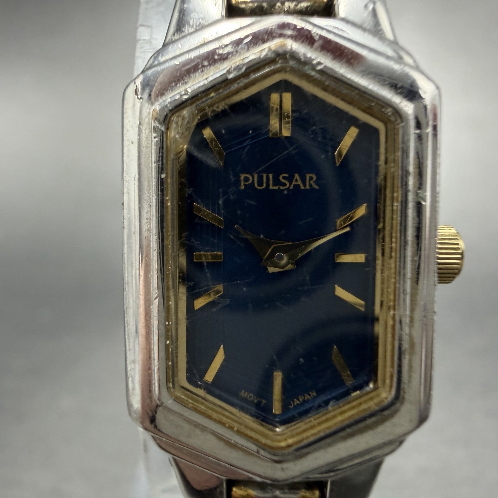Pulsar Watch Women 15mm Blue Dial Two Tone Hexagon 1N00-X259 New Battery1