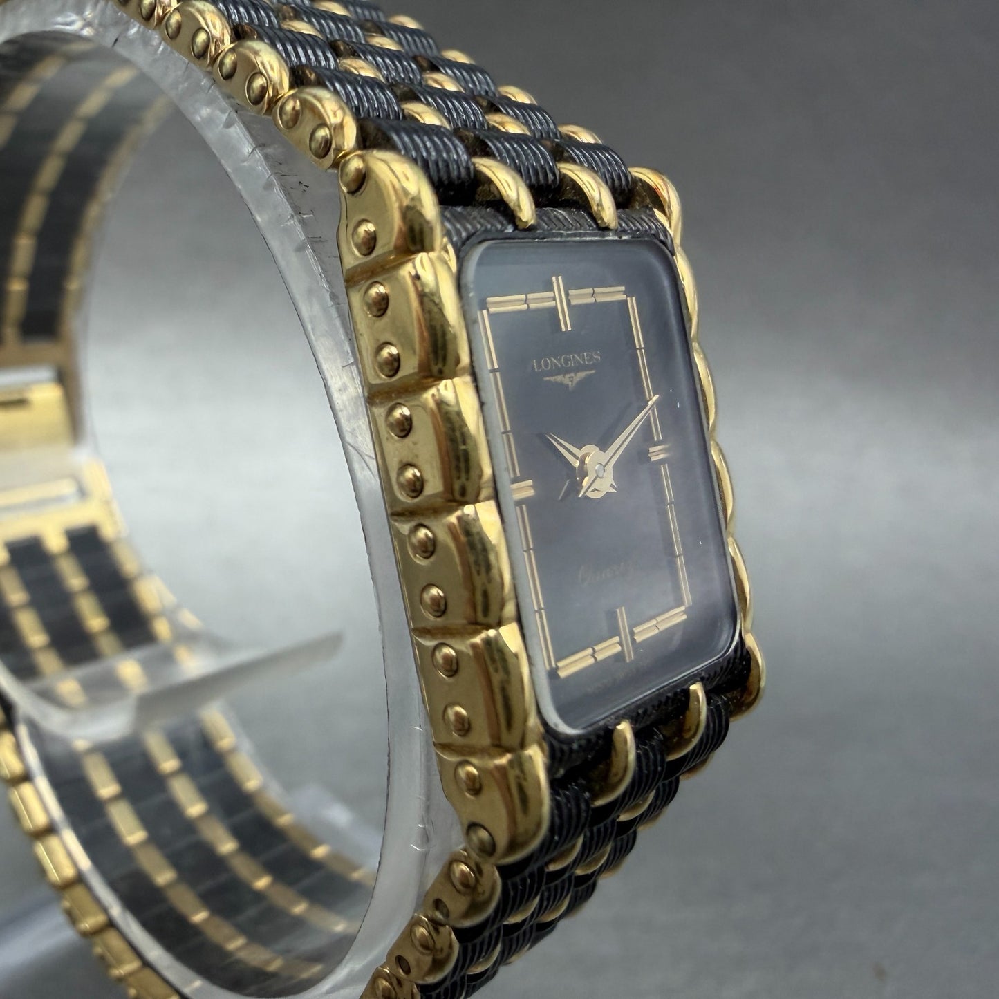 Longines Tank Watch Women 17mm Black Dial Black & Gold Tone 5724 New Battery3