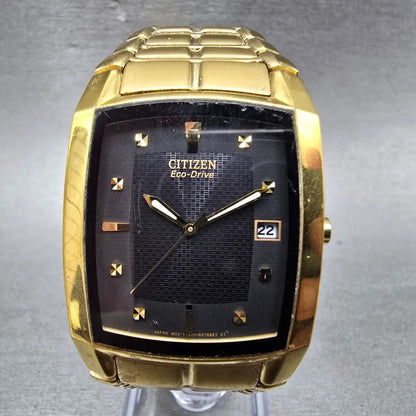 Citizen Eco-Drive Tank Watch Men 31mm Black Dial Gold Date E111-S049369 Runs Jkm0