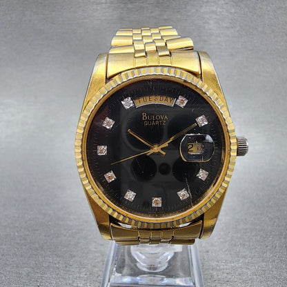 Bulova President Watch Men 36mm Black Dial Gold Tone Daydate 97D39 New Battery0