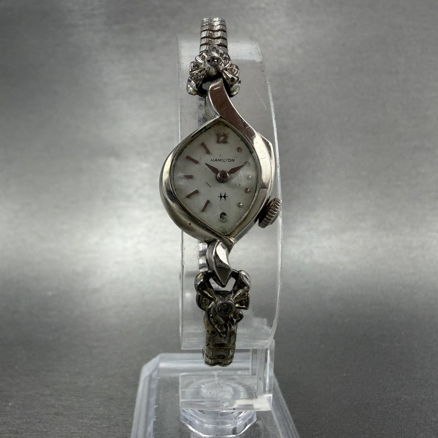 Hamilton Watch Women 17mm White Dial 10K White Gold Filled Manual Asymmetrical5
