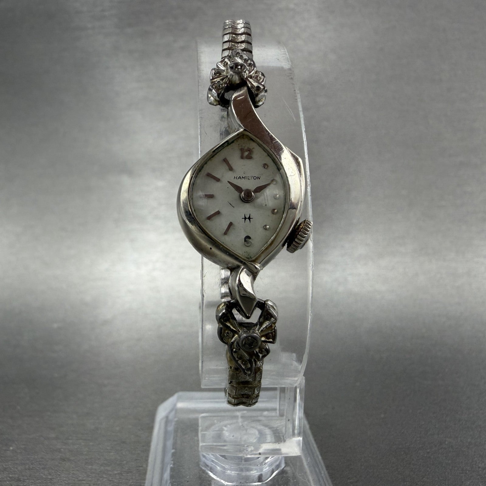 Hamilton Watch Women 17mm White Dial 10K White Gold Filled Manual Asymmetrical5