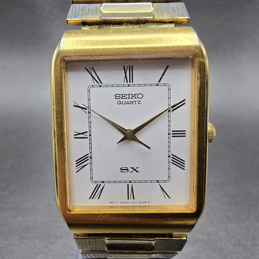 Seiko SX Tank Watch Men 25mm White Dial Gold Tone V701-5K00 VTG PARTS0
