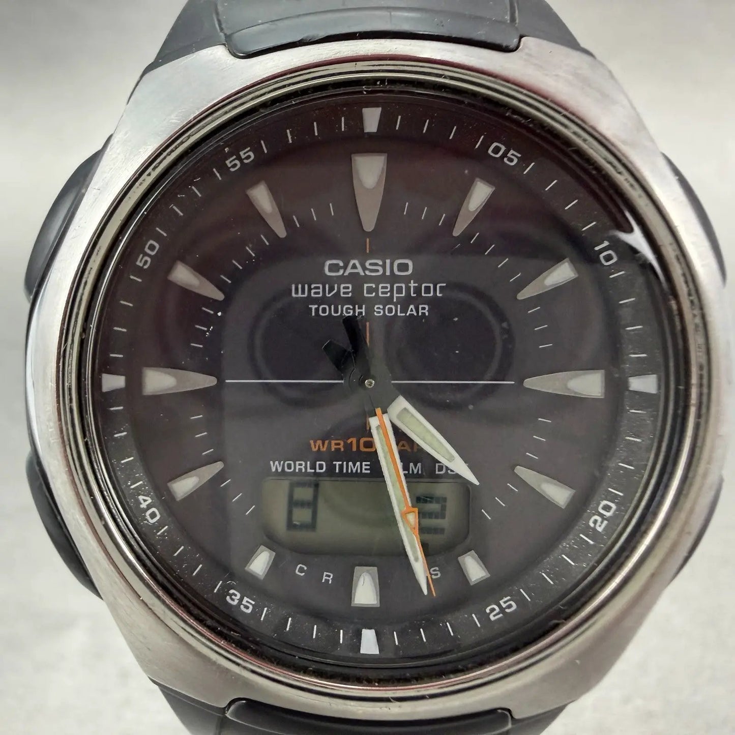 Casio Wave Ceptor Watch Men 43mm Black Dial Silver Tone Analog Digital  Solar LP1