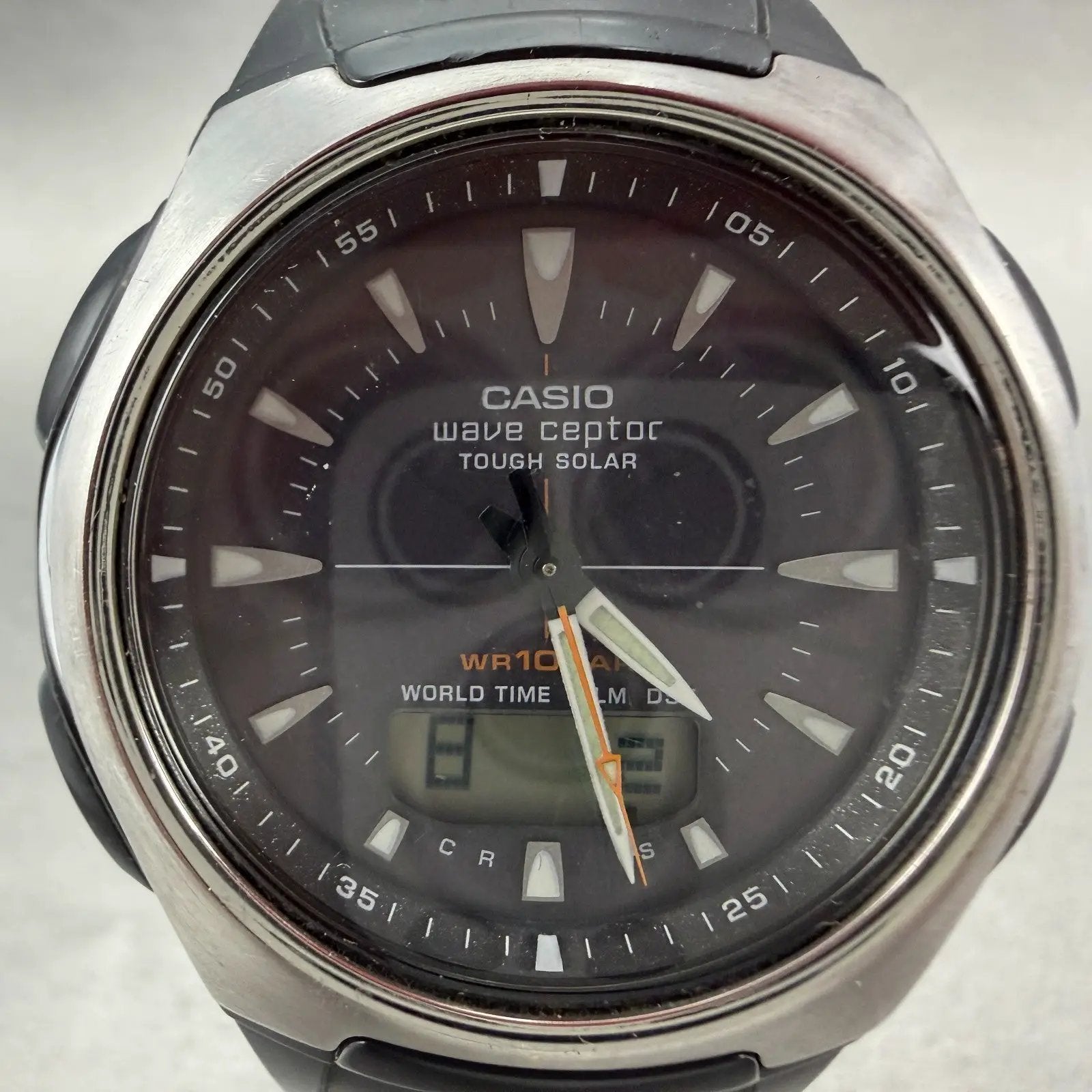 Casio Wave Ceptor Watch Men 43mm Black Dial Silver Tone Analog Digital  Solar LP1