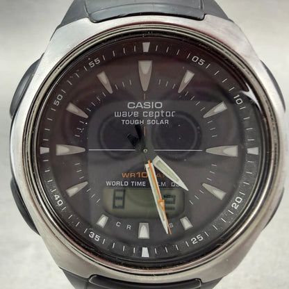 Casio Wave Ceptor Watch Men 43mm Black Dial Silver Tone Analog Digital  Solar LP1