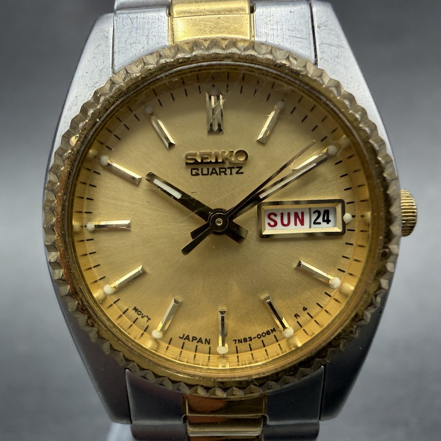 Seiko Watch Women 24mm Gold Dial Two Tone Daydate Round 7n83-0041 New Battery 591