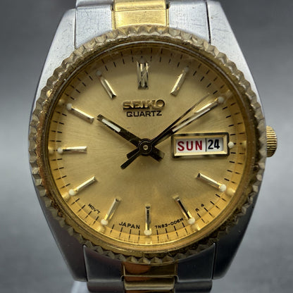 Seiko Watch Women 24mm Gold Dial Two Tone Daydate Round 7n83-0041 New Battery 591