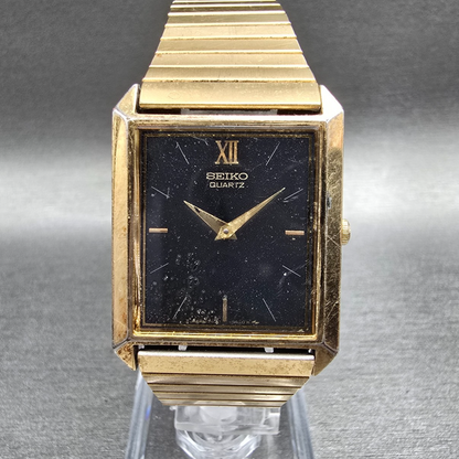Seiko Tank Watch Men 26mm Black Dial Gold Tone Rectangle 7430-5260 New Battery0
