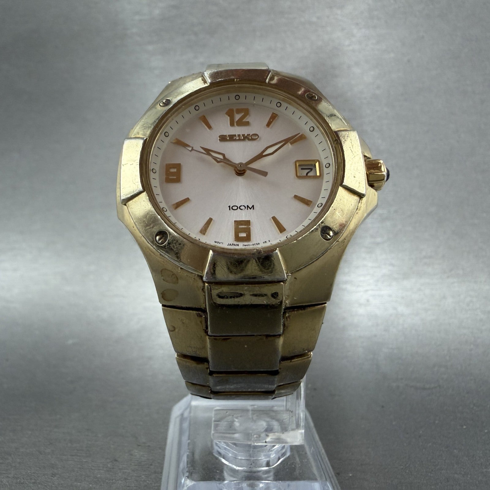 Seiko Watch Men 38mm Silver Dial Gold Tone Date Round 7N420BL0 New Battery5