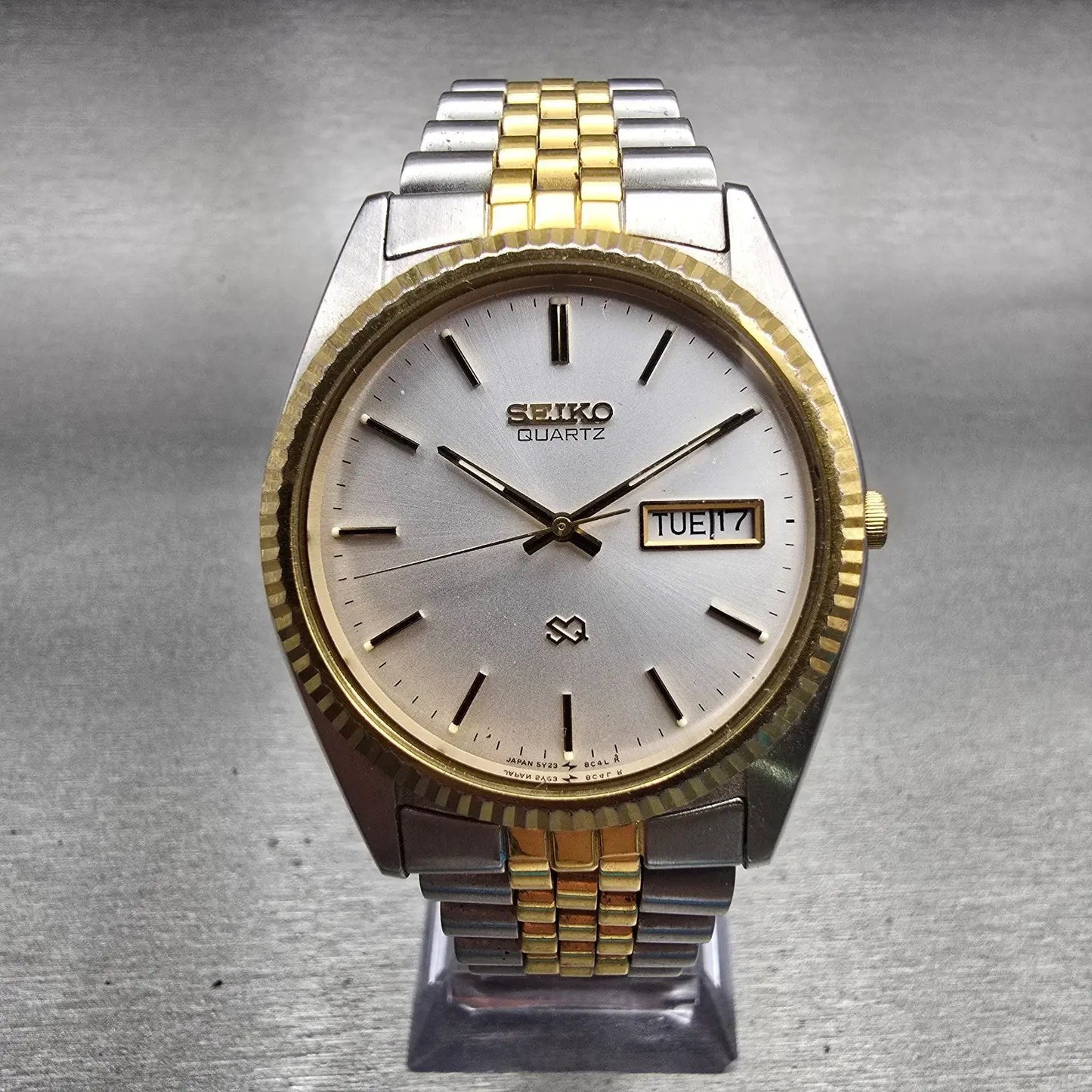 Seiko President Watch Men 35mm Silver Dial Two Tone Daydate 5Y23-8A69 New Batt0
