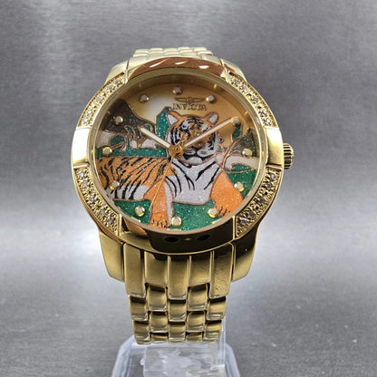 Invicta Classique Safari Tiger Watch Women 33mm Gold Tone Round 6496 New Battery5