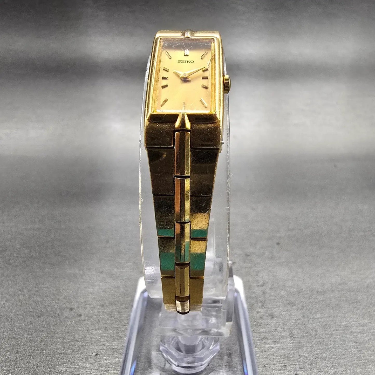 Seiko Watch Women 13mm Gold Dial Gold Tone Rectangle 2E20-7479 New Battery VTG5