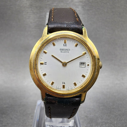 VTG Seiko Watch Women 27mm White Dial Gold Tone Date Round 7N89-0201 New Battery