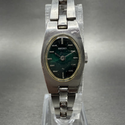 Seiko Tank Watch Women 15mm Green Dial Silver Tone Manual 11-8079 Runs0