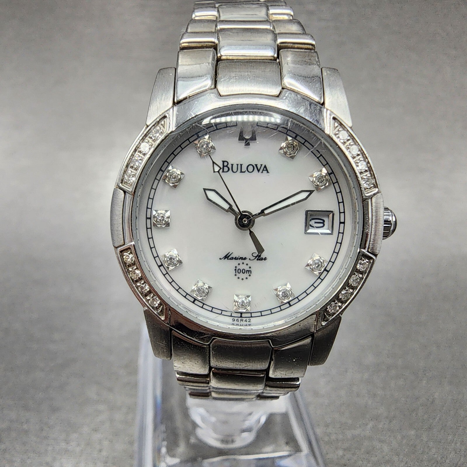 Bulova Marine Star Watch Women 26mm MOP Dial Silver Tone Date 96R42 New Battery0