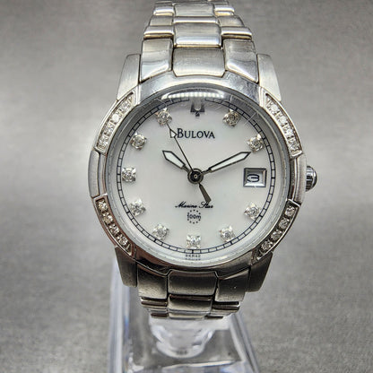 Bulova Marine Star Watch Women 26mm MOP Dial Silver Tone Date 96R42 New Battery0