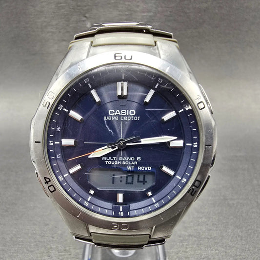Casio Wave Ceptor Watch Men 43mm Blue Dial Silver Tone Solar Alarm Daydate Runs0