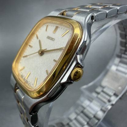 Seiko Tank Watch 22mm Women Champagne Dial Two Tone 4J41-5030 New Battery2