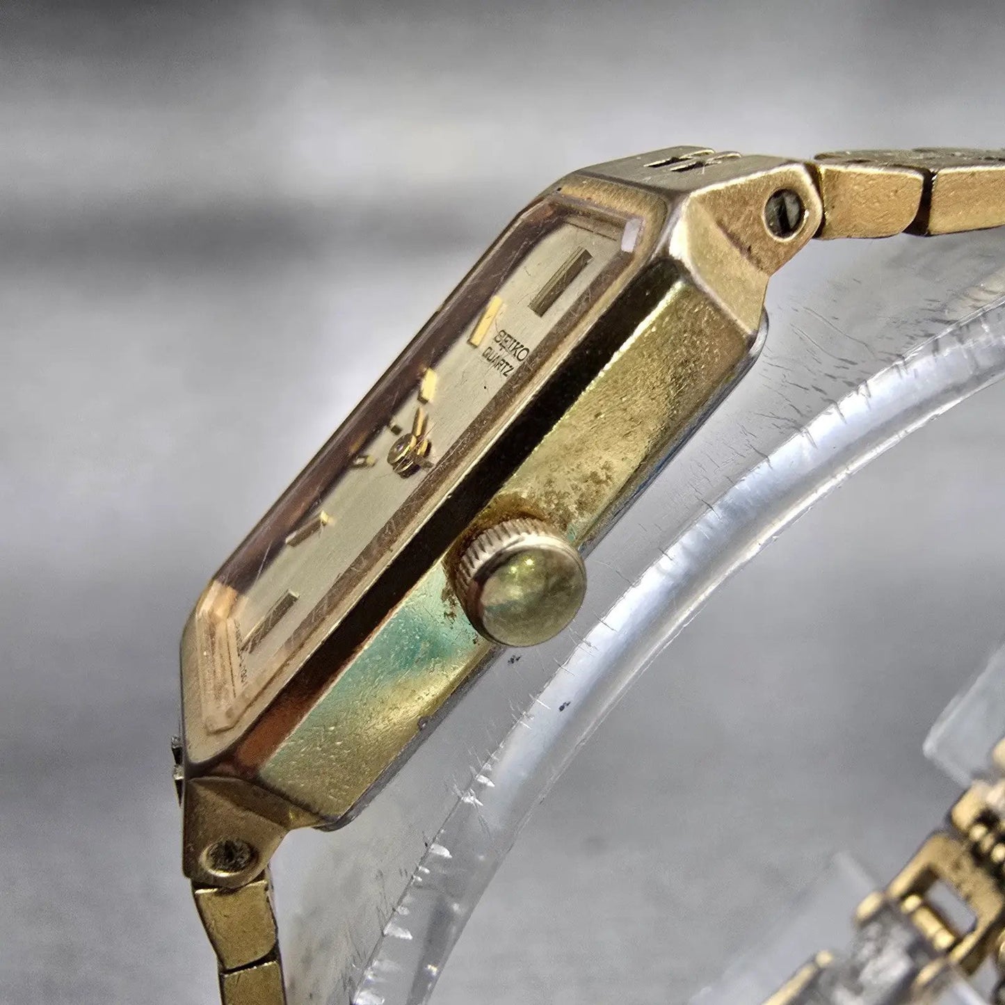 Seiko Watch Women 12mm Gold Dial Gold Tone Rectangle 1320-5029 New Battery VTG2