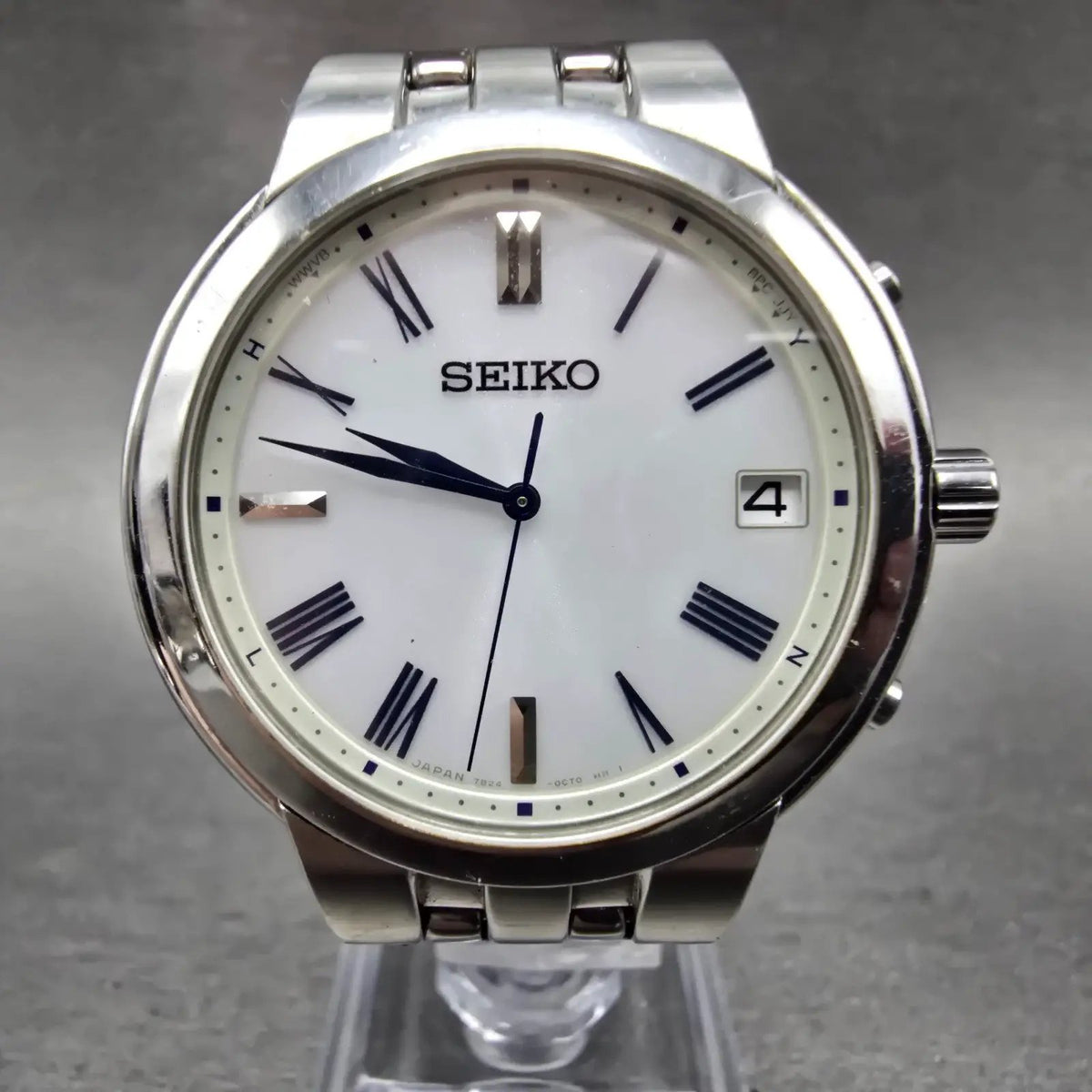 Seiko Atomic Solar Watch Men 37mm White Dial Silver Tone Date 7B24-0BS0 PARTS3