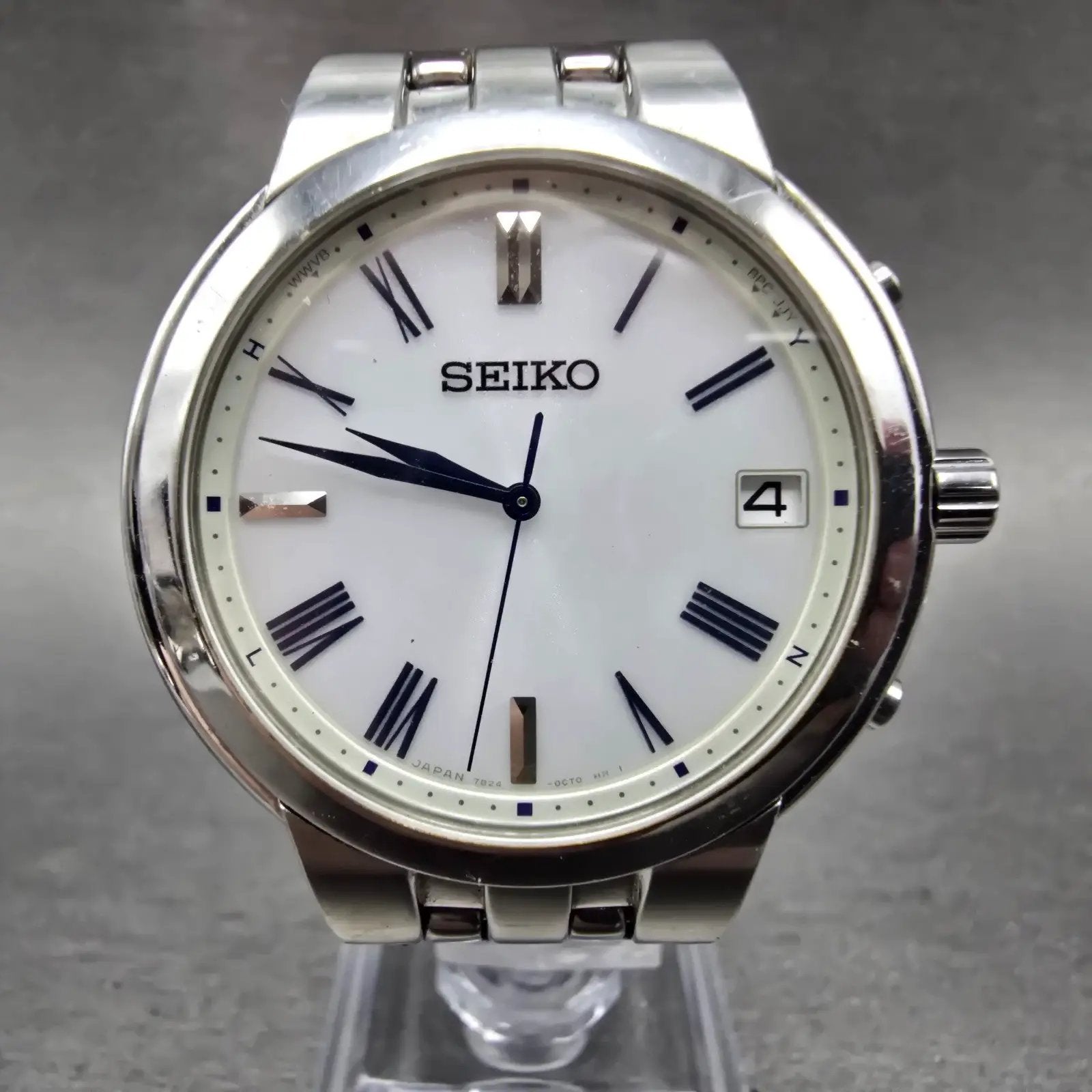 Seiko Atomic Solar Watch Men 37mm White Dial Silver Tone Date 7B24-0BS0 PARTS3