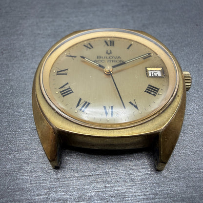 Bulova Accutron Watch Men 35mm Champagne Dial Gold Tone Date Round PARTS Vintage3