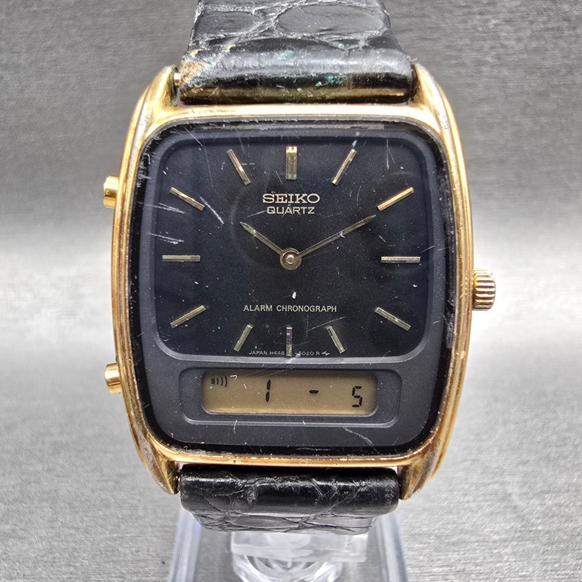 Seiko Watch Men 30mm Black Dial Gold Chronograph Alarm H448-5029 New Battery VTG0
