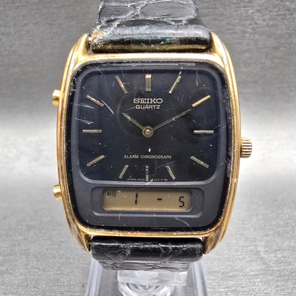 Seiko Watch Men 30mm Black Dial Gold Chronograph Alarm H448-5029 New Battery VTG0