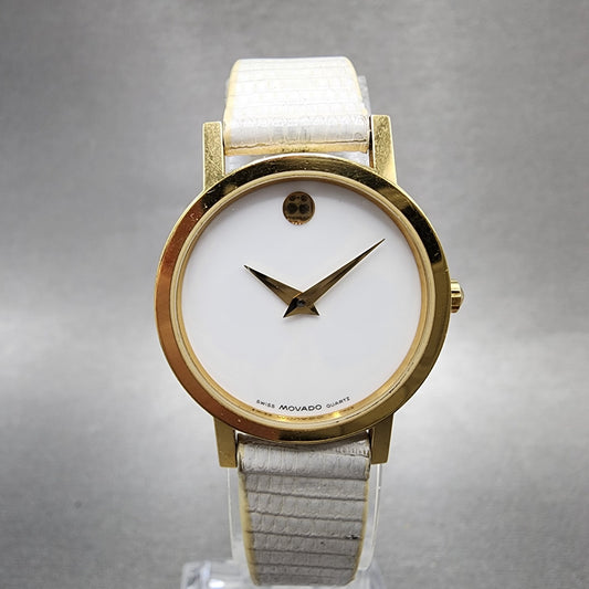Movado Museum Watch Women 25mm White Dial Gold Tone Round 87A1832 New Battery0