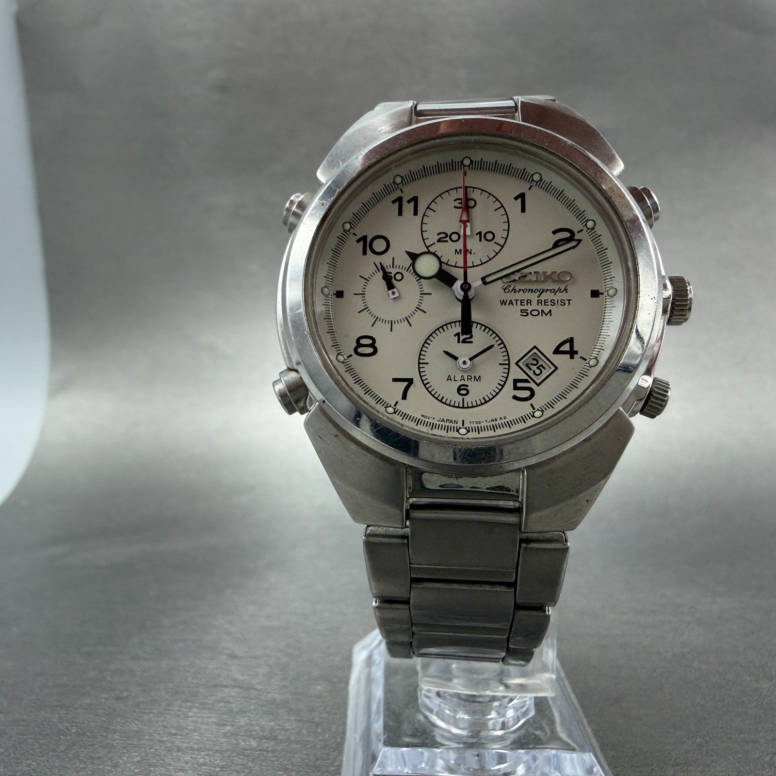 Seiko Chronograph Watch Men 40mm White Dial Silver Tone Date 7T32-7G00 New Batt5