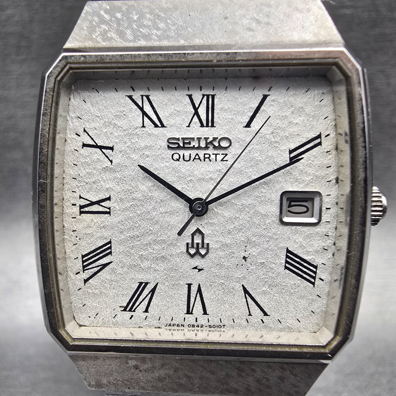 Seiko Watch Men 33mm Silver Dial Silver Tone Date Rectangle 0842-5010 New Batt1