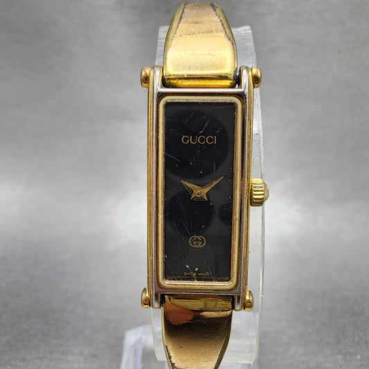 Gucci 1500L Tank Watch Women 12mm Black Dial Gold Rectangle Bangle New battery0